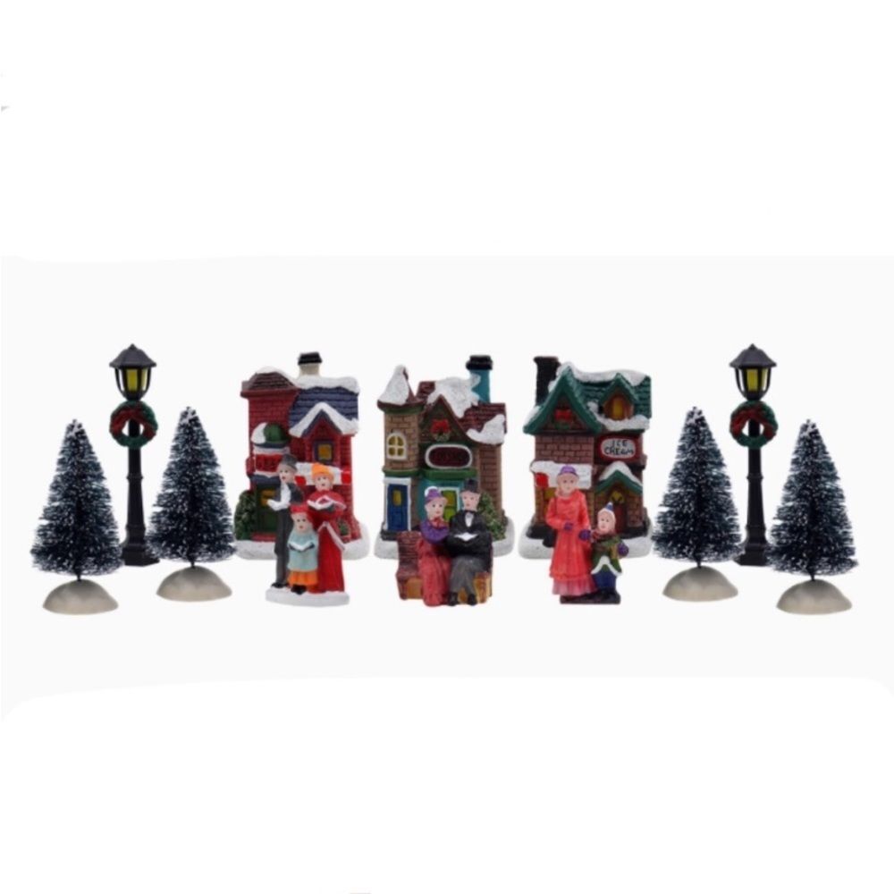 Christmas Village Set 12pc Resin Hand-Painted Houses & Figures New in Box